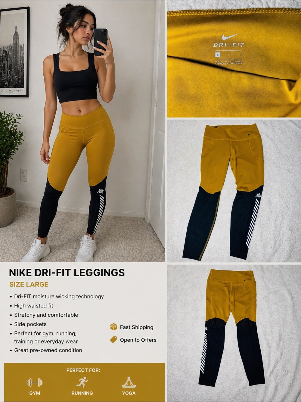 Nike Dri-FIT High Waisted Leggings Yellow Black Size L Women Gym Running